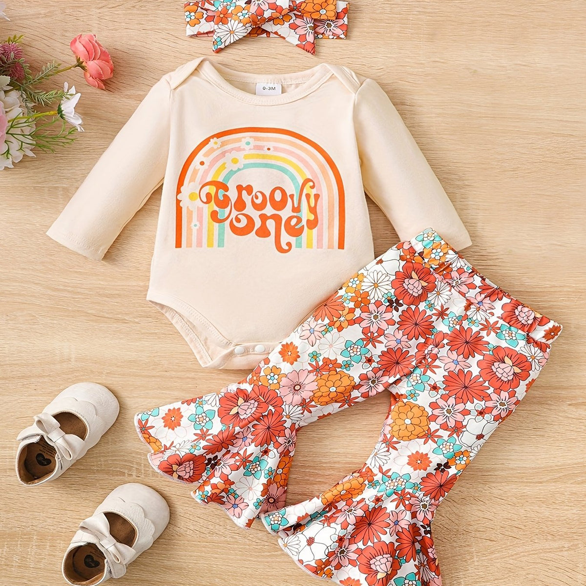 3pcs Baby Girls Letter And Floral Onesie Set