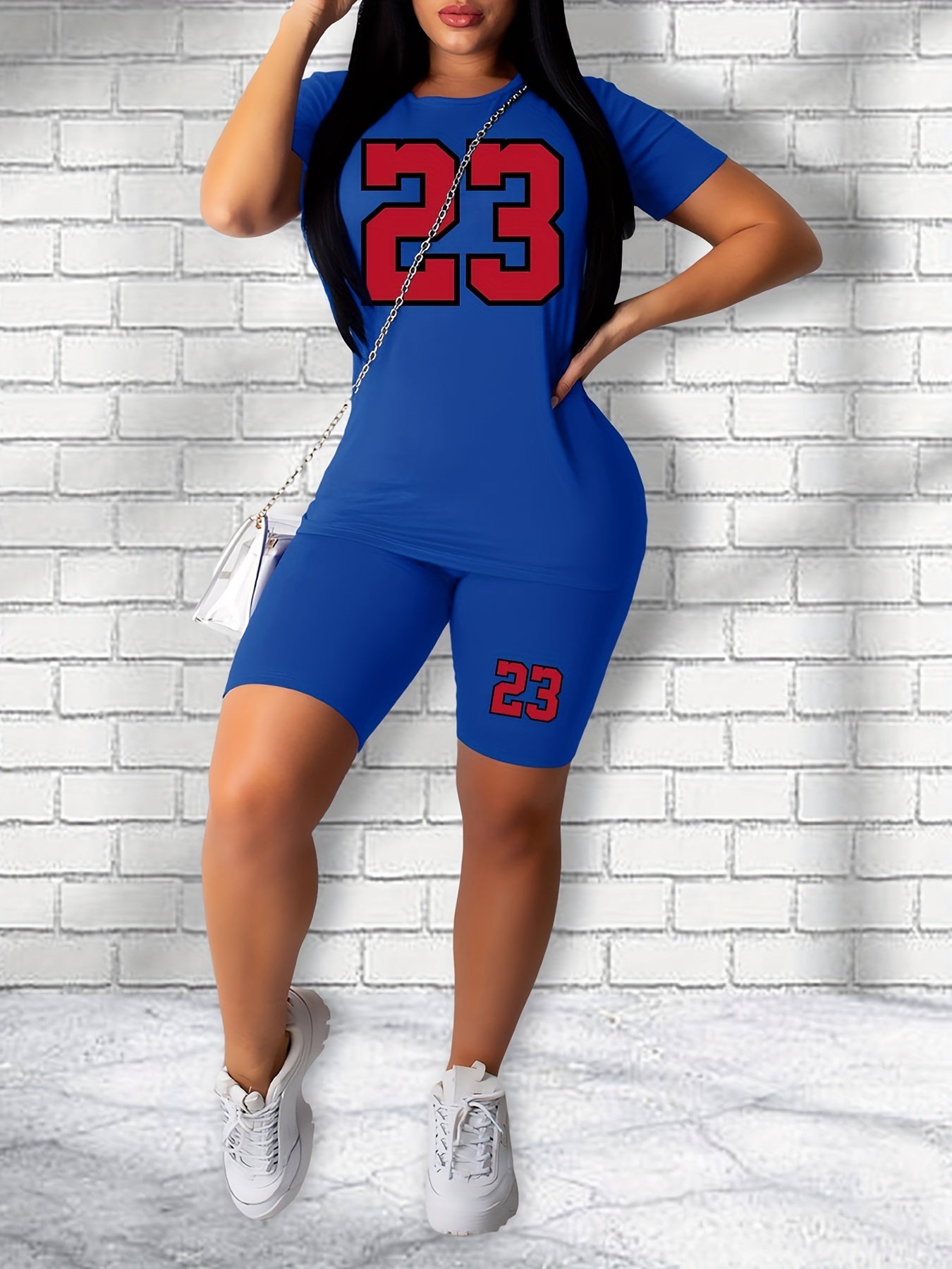 23 Number Print Two Piece Set Casual Short Sleeve T shirt & Skinny Shorts