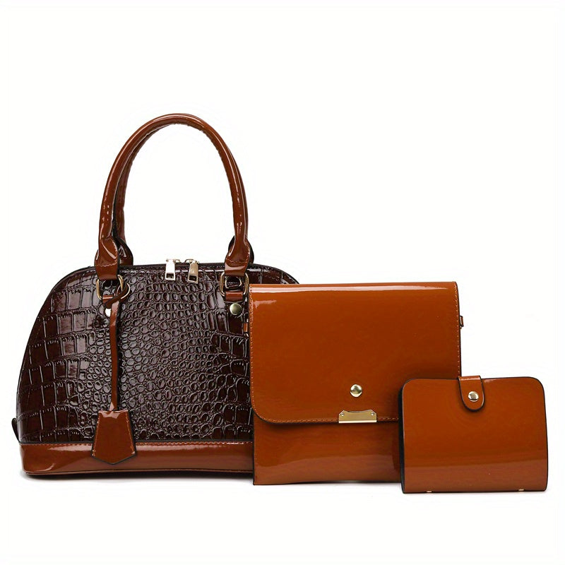 3Pcs Crocodile Embossed Bag Set Women's Shell Handbags With Clutch Purse