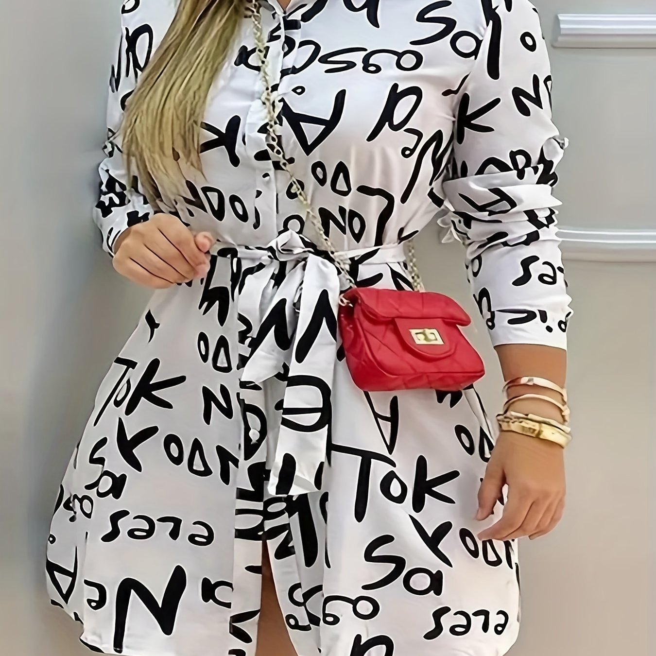  Letter Print Long Sleeve Shirt Dress with Belt