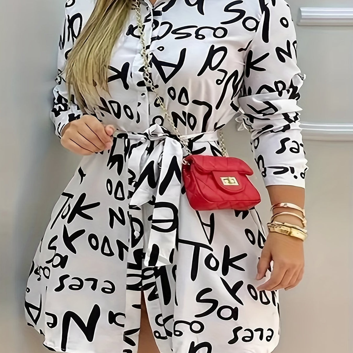  Letter Print Long Sleeve Shirt Dress with Belt