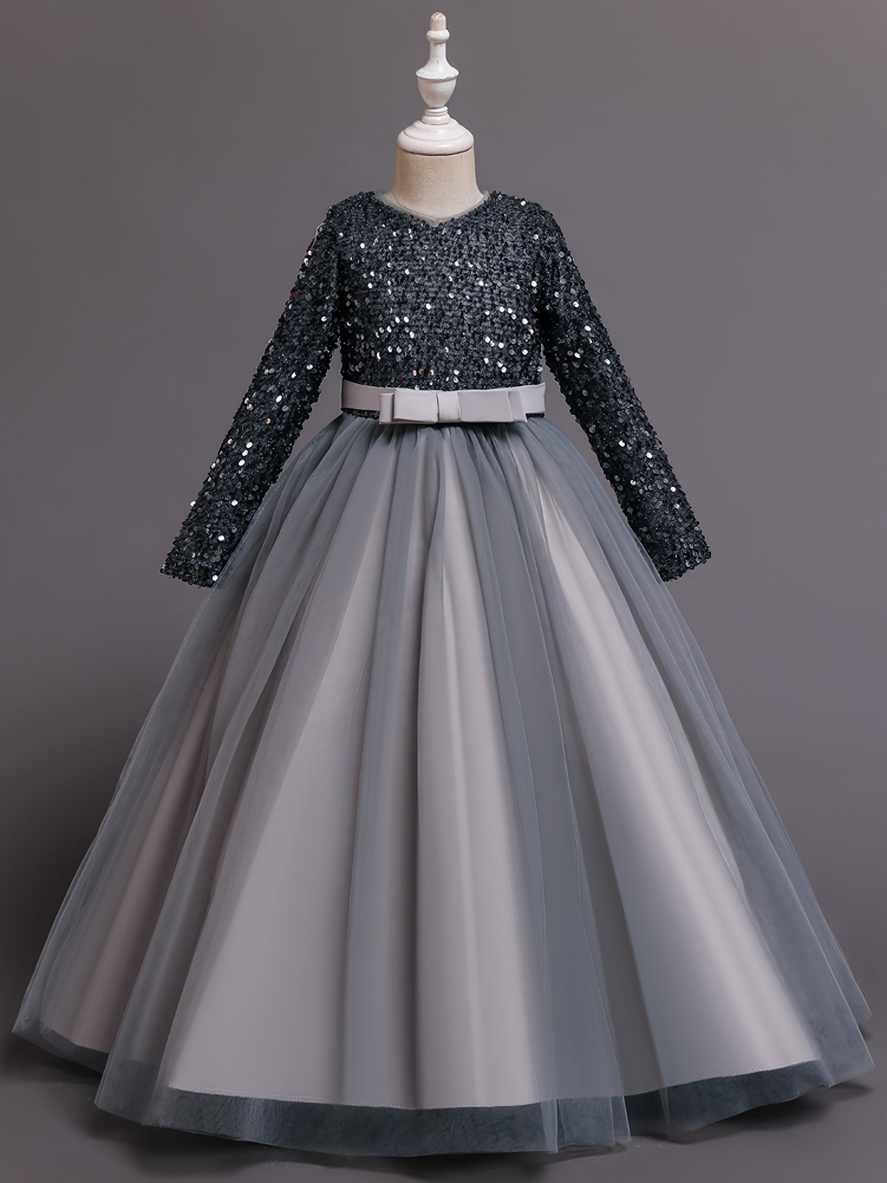 Girls Long Sleeve Tulle Sequined Ball Gown Dress