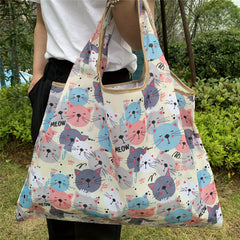Cartoon Cat Pattern Foldable Tote Bag Large Capacity Portable Shoulder Bag