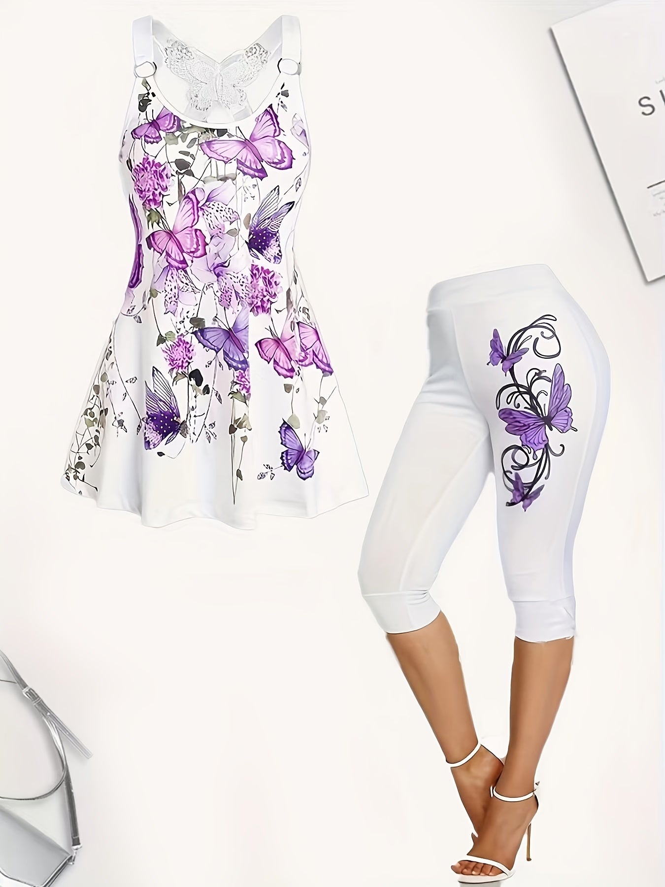 Butterflies Print 2 Pieces Set Sleeveless Tops & Leggings Set