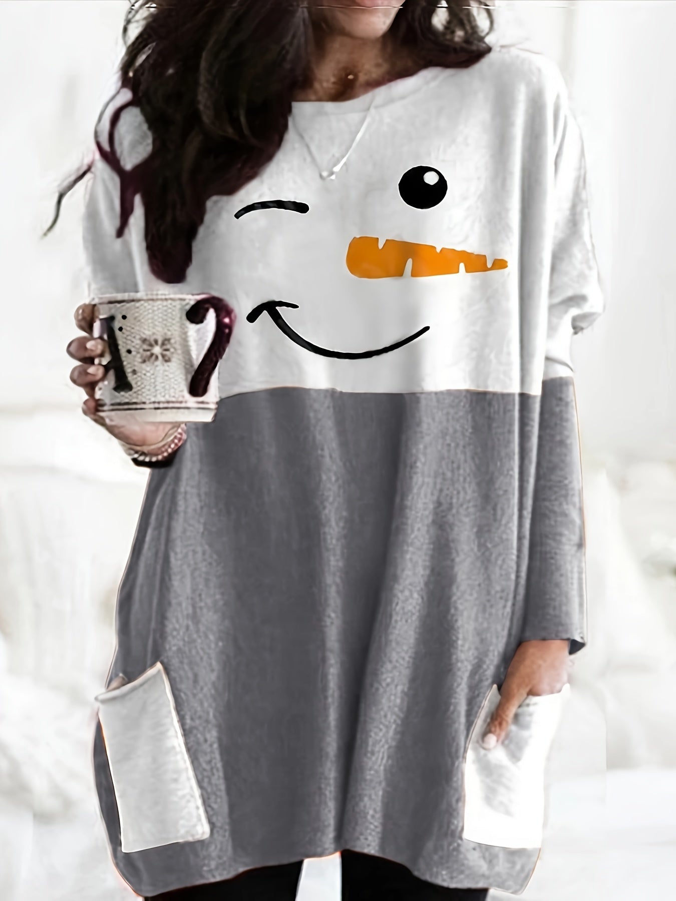 Women's Plus Snowman Print Long Sleeve Tunic Top With Pockets