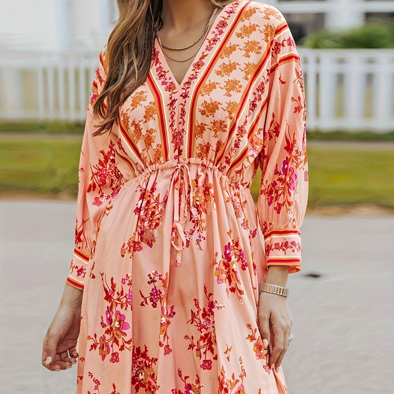Floral Print Long Sleeve V Neck Drawstring Waist Dress