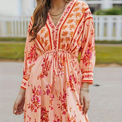 Floral Print Long Sleeve V Neck Drawstring Waist Dress
