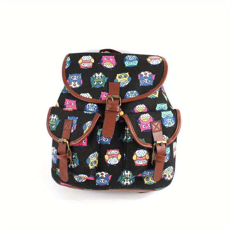 Colorful Owl Print Flap Backpack Preppy Style School Bag Drawstring