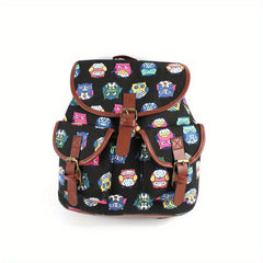 Colorful Owl Print Flap Backpack Preppy Style School Bag Drawstring
