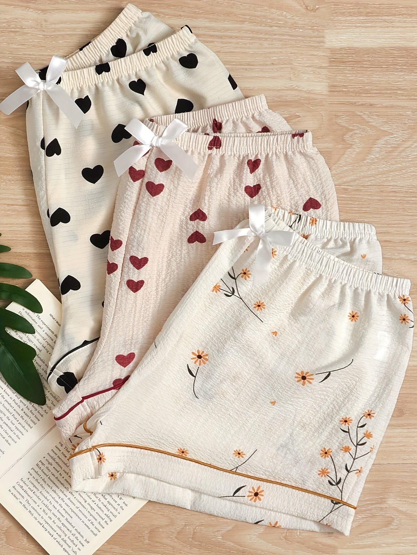 3pcs Heart & Floral Print Sleep Bottoms & Bow Elastic Waistband Shorts