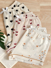 3pcs Heart & Floral Print Sleep Bottoms & Bow Elastic Waistband Shorts