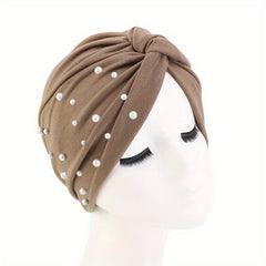 Faux Pearl Decor Turban Cap Solid Pleated Head Wrap