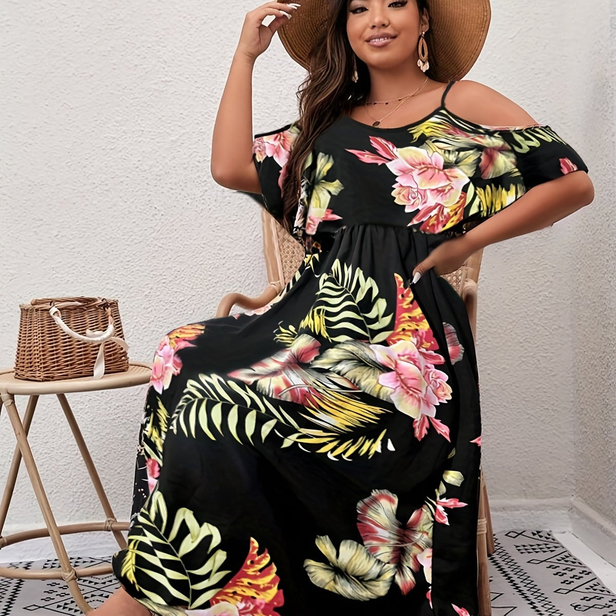  Floral Print Cold Shoulder Ruffle Dress