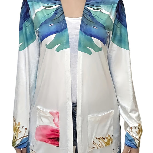  Floral Print Long Sleeve Open Front Cardigan