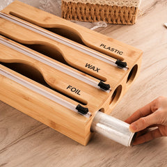 Bamboo Dispenser With Cutter For 12.5 Roll Foil Plastic Wrap Organizer