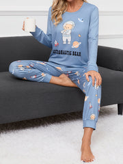 Bear Print Pajama Set Long Sleeve Top & Pants Women's Sleepwear