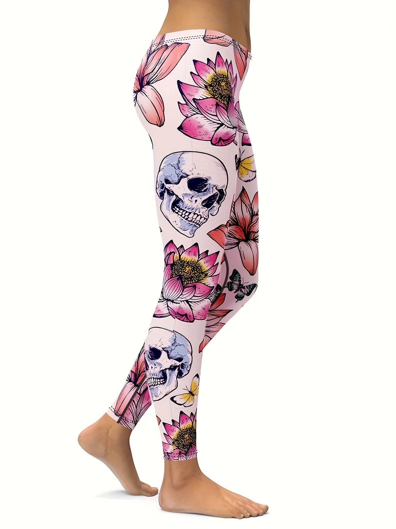 Women's Skull Butterfly Lotus Print Tight Pants for Yoga & Running