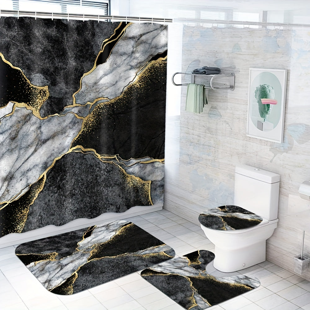 Marble Pattern Shower Curtain Set with 12 Hooks and Non Slip Bathroom Rug
