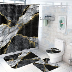 Marble Pattern Shower Curtain Set with 12 Hooks and Non Slip Bathroom Rug