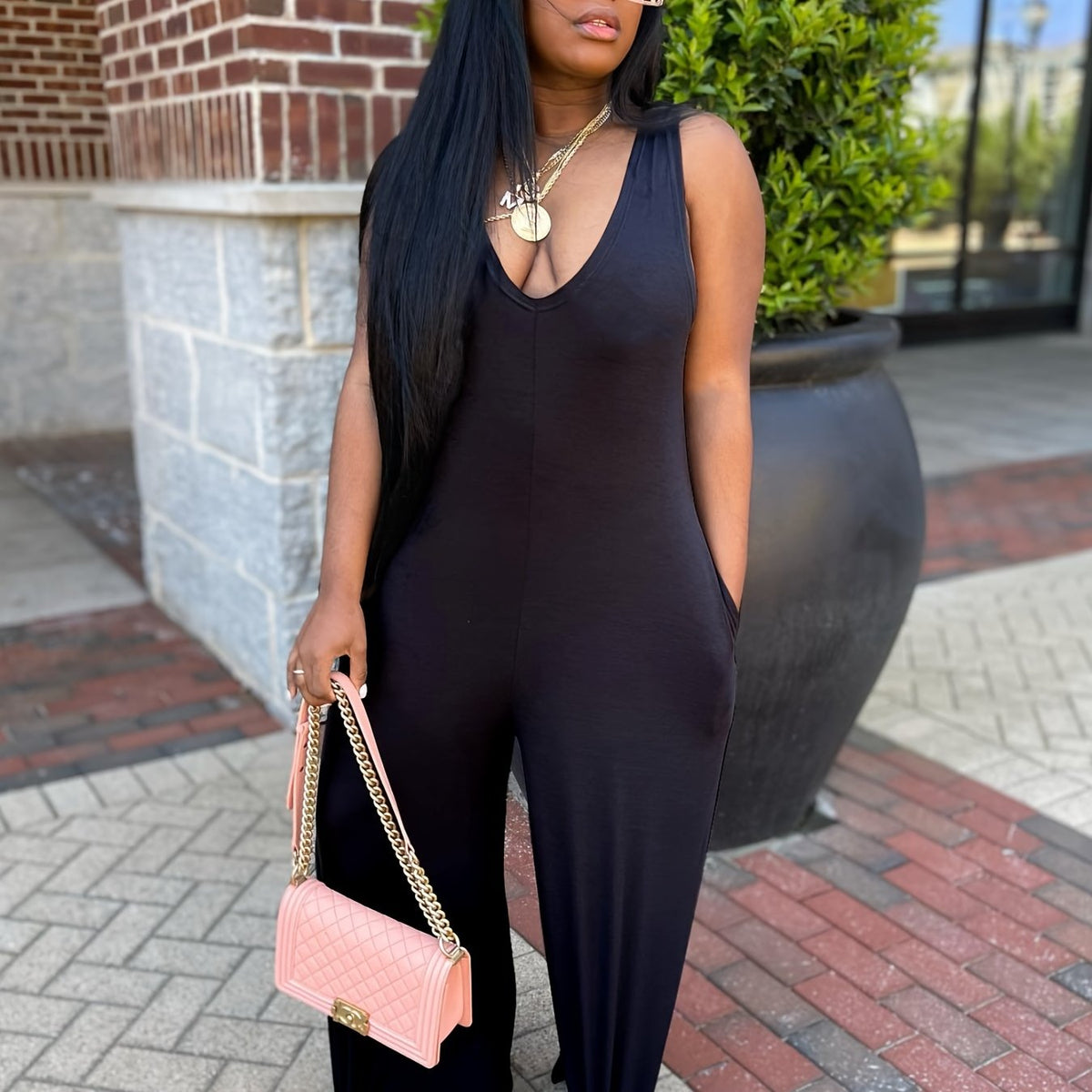 Solid Square Neck Sleeveless Jumpsuit Casual Street Bodycon Jumpsuit