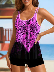Floral Print Plus Size Boho Tankini Set with Split Strap Top & Shorts
