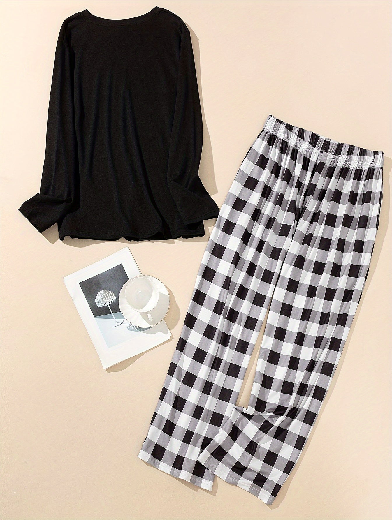  Cat Food Print Long Sleeve Tee & Plaid Pants Lounge Set