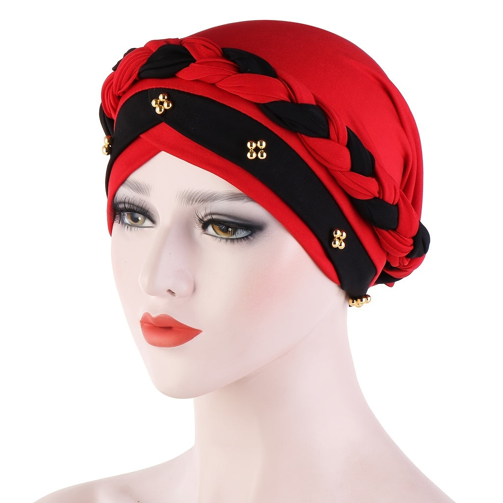 Two Tone Short Braid Turban Cap Beads Decor Hijab Turban