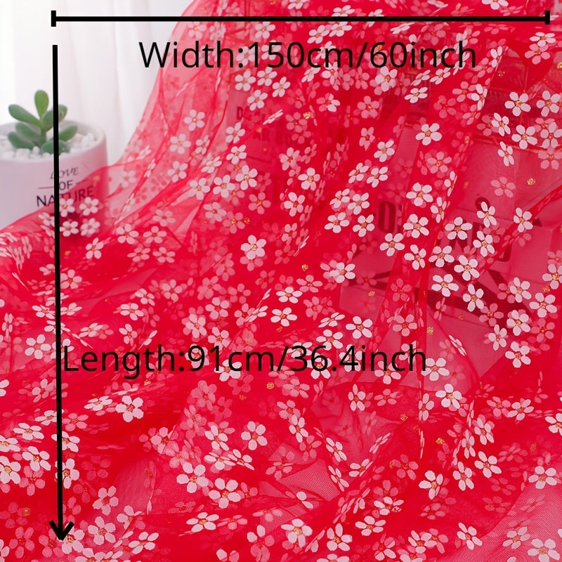 Soft Flowers Print Tulle Mesh Fabric Red Pink Daisy Ribbon 150x91cm