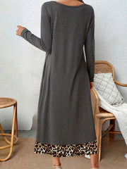  Colorblock Leopard Print Square Neck Midi Dress