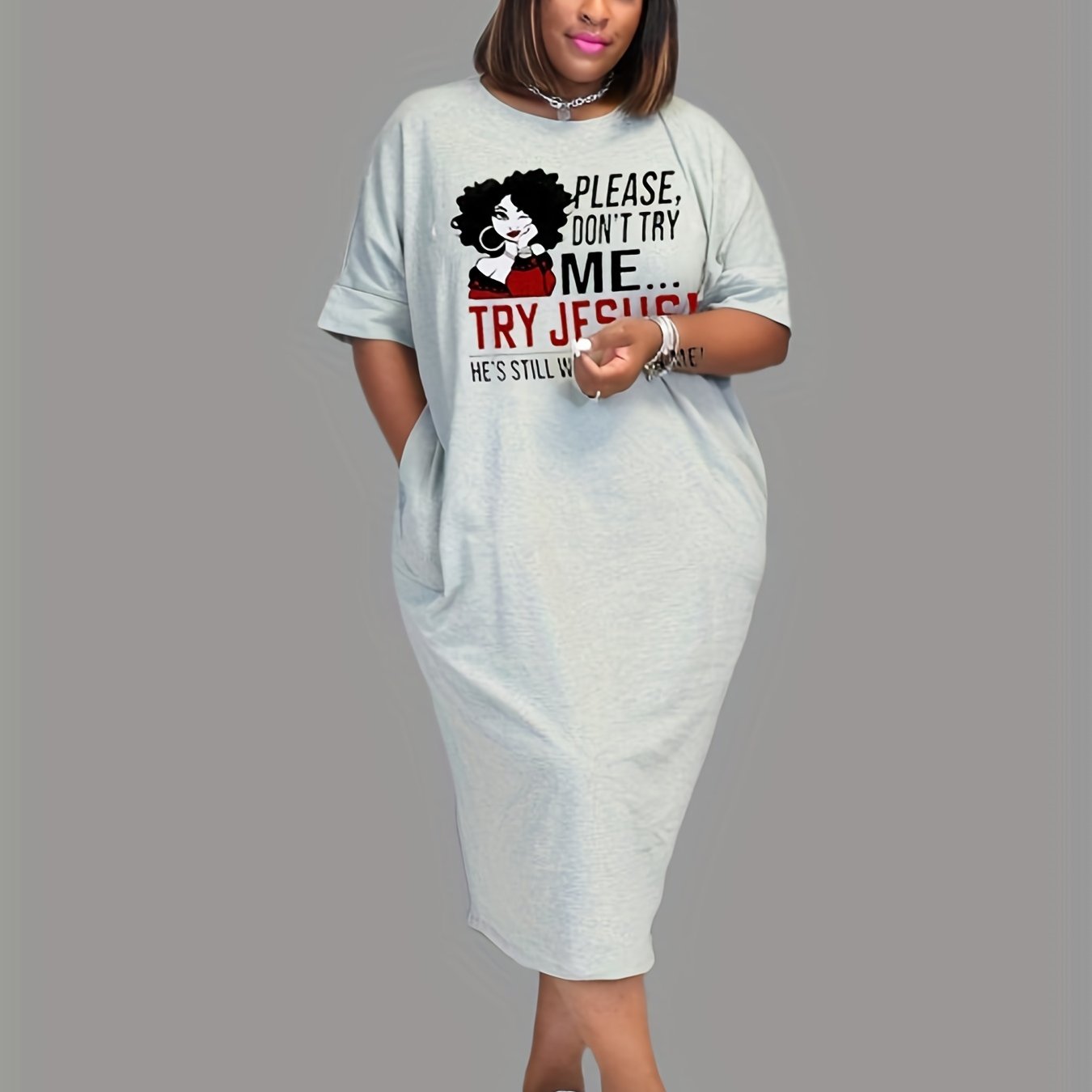  Casual Dress Women's Plus Figure & Letter Print Tee Dress