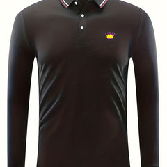 Crown Print Men's Casual Long Sleeve Polo Shirt