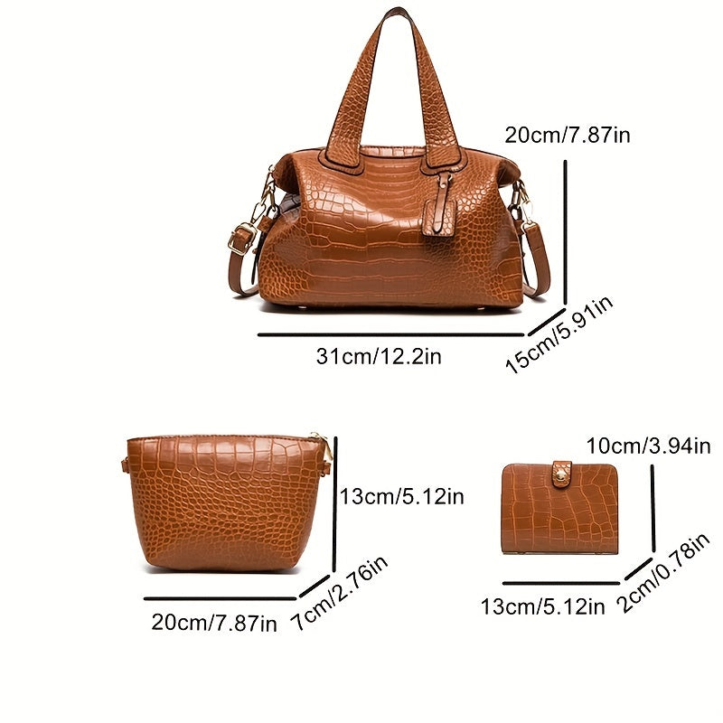 3Pcs Crocodile Embossed Bag Set Handbag With Crossbody Bag & Card Holder