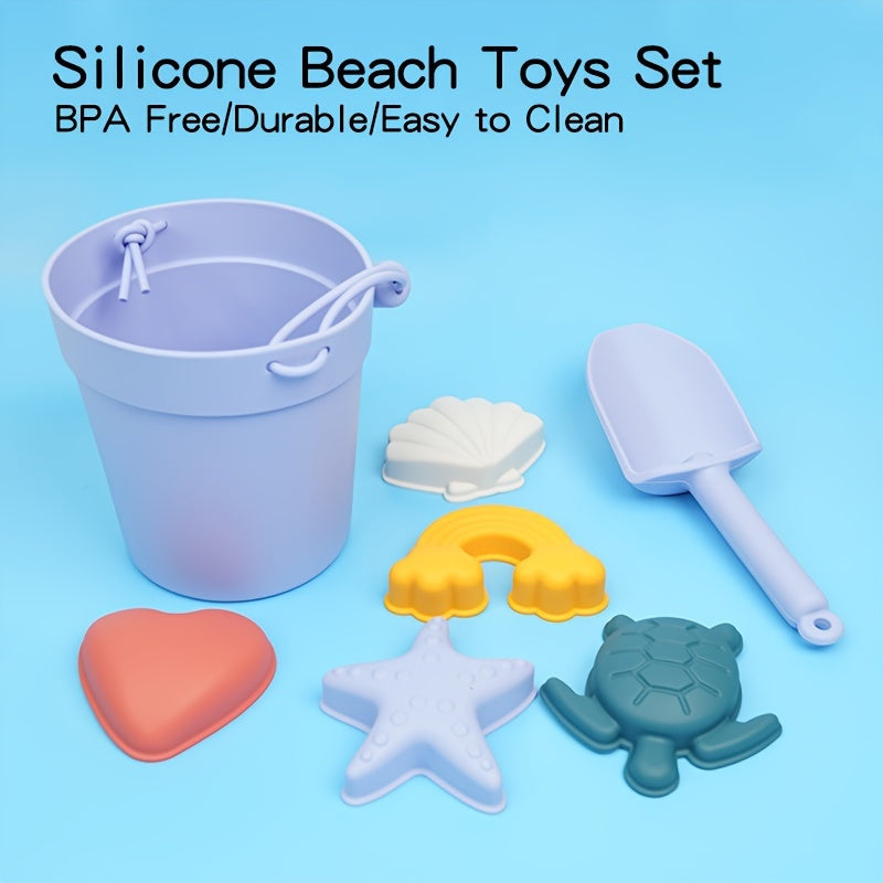 7pcs Silicone Beach Toys Ocean Style Kids' Beach Toys Bucket Shovel Sand Molds