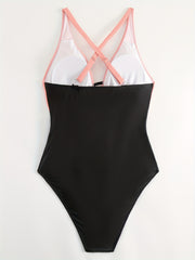  Colorblock Lace Up High Stretch One Piece Swimsuit