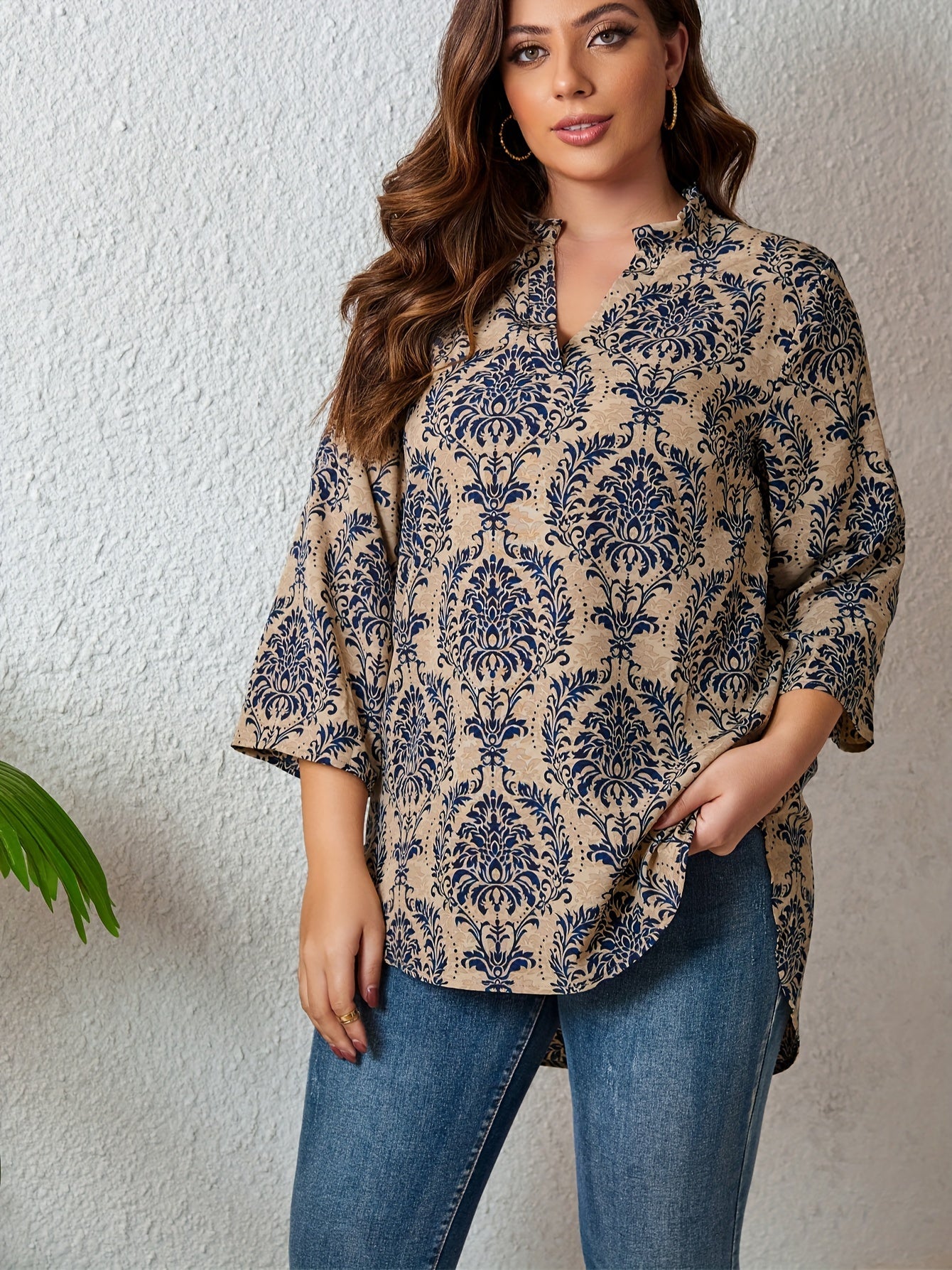  Boho Blouse Women's Plus Damask Print Notched Neck Blouse