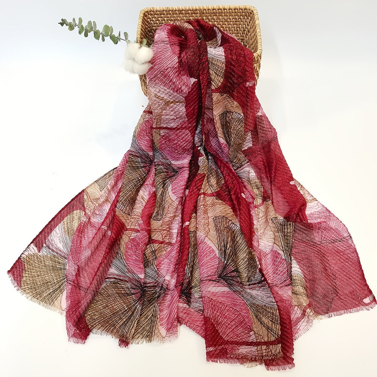 Vintage Scarf Ginkgo Print Voile Shawl Frayed Edge Head Wrap Beach Towel