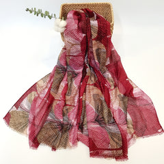 Vintage Scarf Ginkgo Print Voile Shawl Frayed Edge Head Wrap Beach Towel