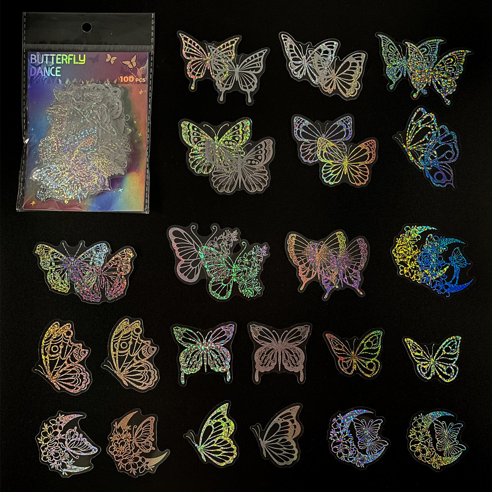100pcs Transparent Butterfly Laser Stickers PET Creative Retro Stickers