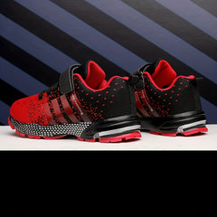 Boy's Red Outdoor Sports Shoes, Puncture Resistant Mesh Sneakers