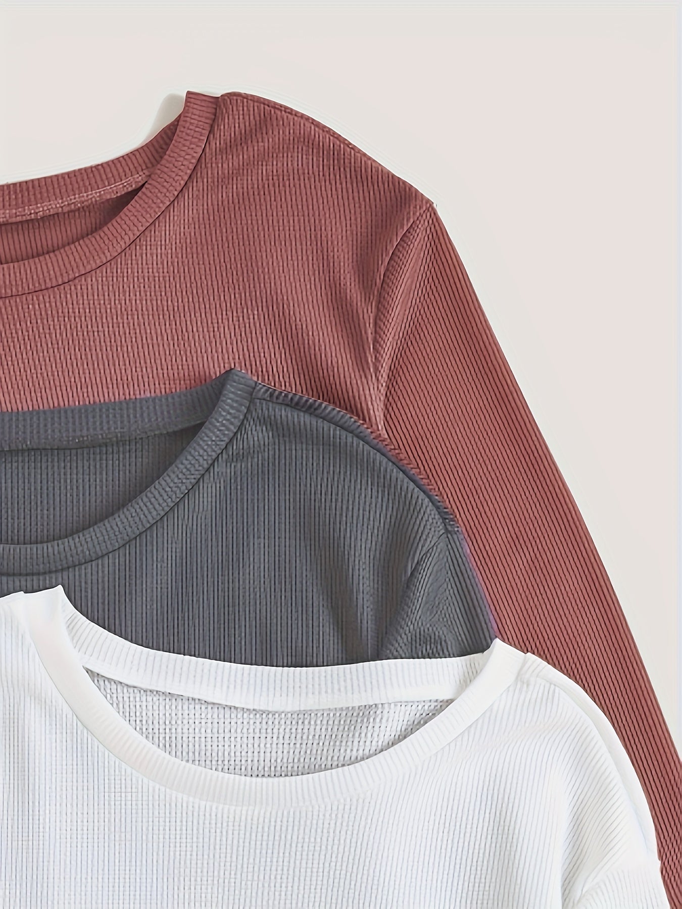 Solid Ribbed Lounge Set Long Sleeve Crew Neck Top & Elastic Waistband Pants