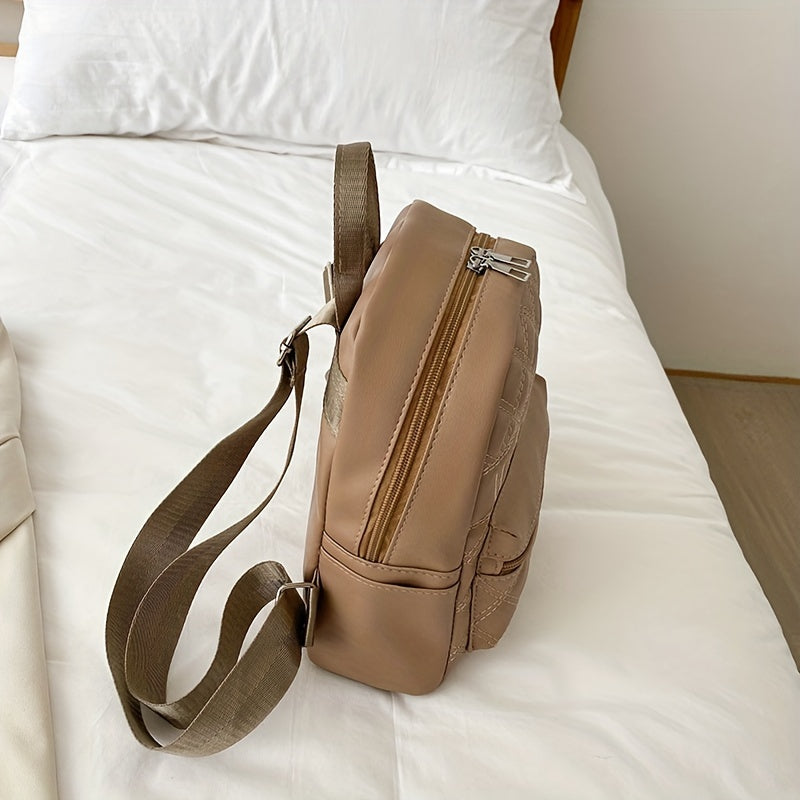 Embroidered Zipper Backpack Solid Quilted Detail Rucksack