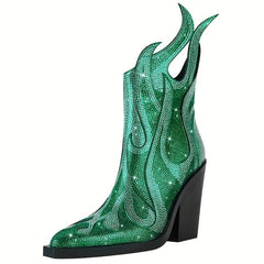 Women's Rhinestone Decor Flame Boots Party Chunky Heels