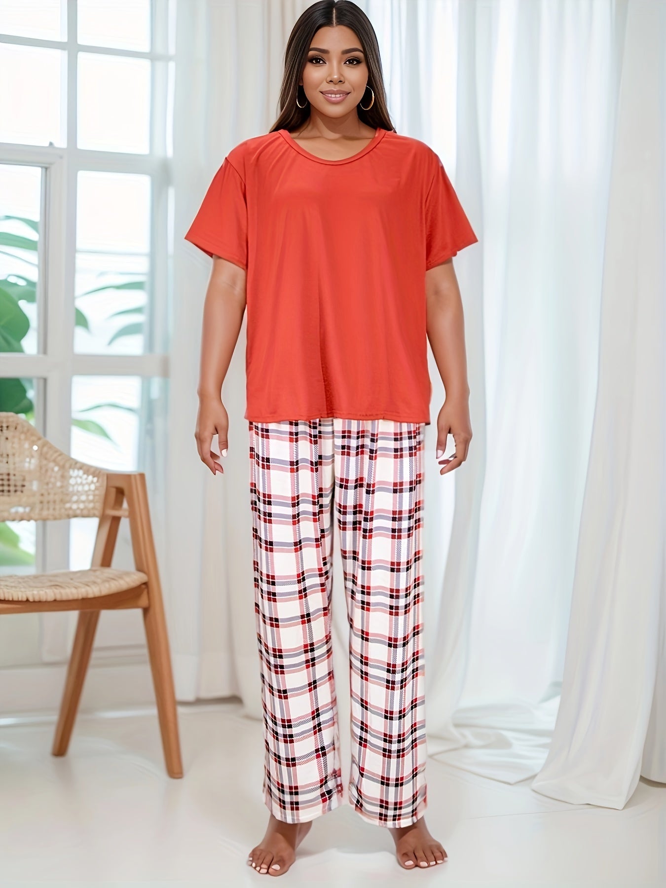  Plaid Print Tee & Pants Loungewear Set
