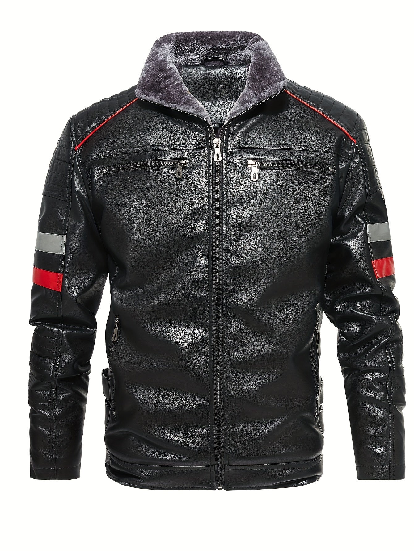 Men's Casual Fleece PU Leather Jacket Stand Collar Biker Jacket