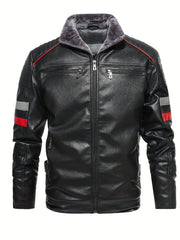 Men's Casual Fleece PU Leather Jacket Stand Collar Biker Jacket