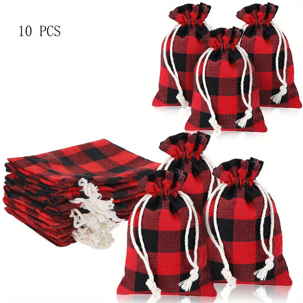 10pcs Christmas Plaid Cotton Burlap Bag Drawstring Pocket Candy Ornament Packagi