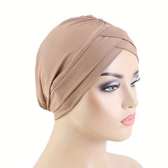 Double Cross Ruched Turban Hat Inner Cap Solid Head Wrap Stretchy