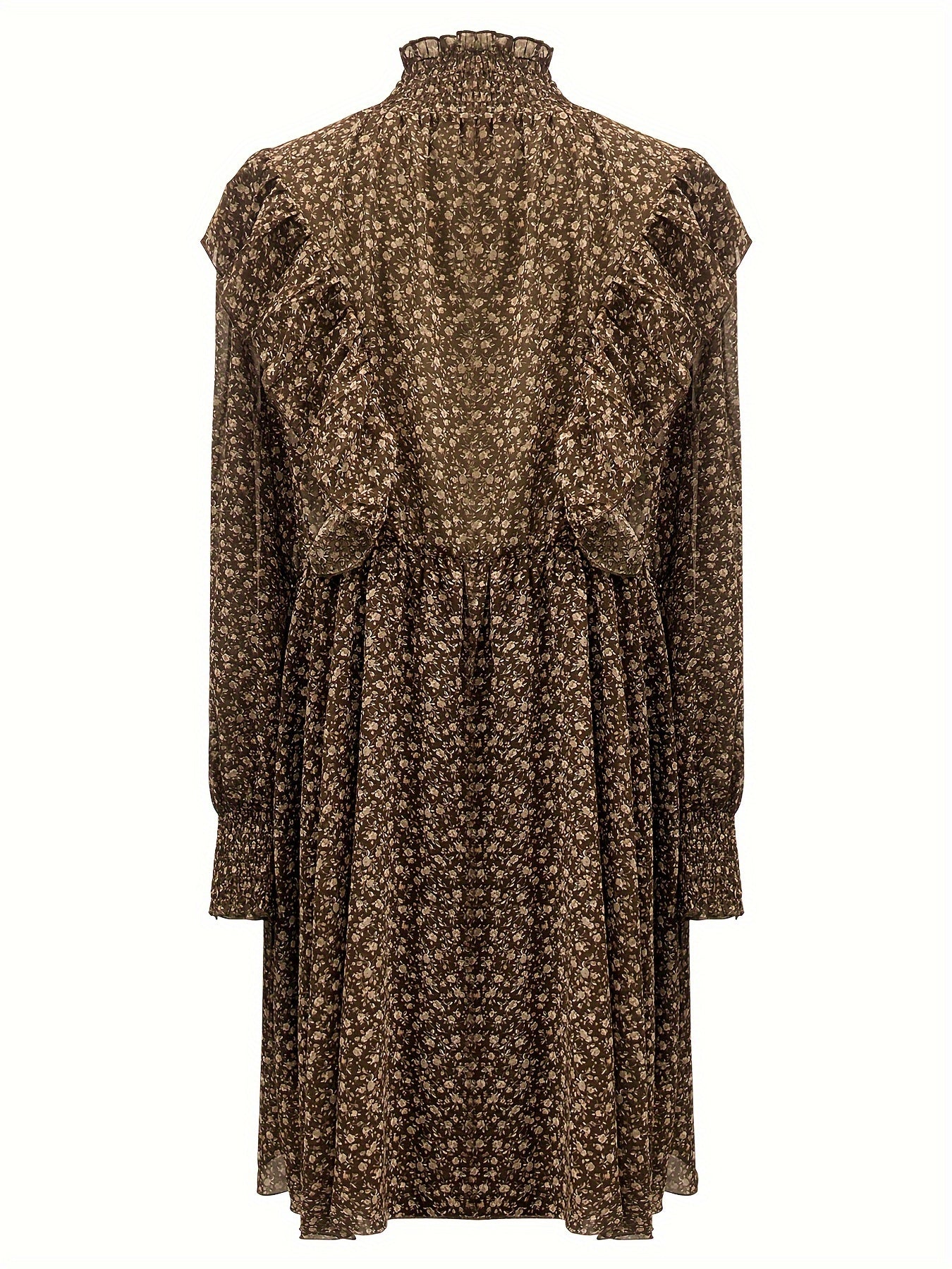 Women's Plus Ditsy Print Lantern Sleeve High Neck Ruffle Trim Dress