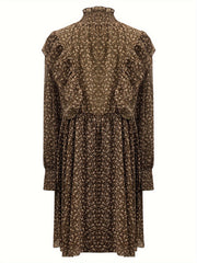 Women's Plus Ditsy Print Lantern Sleeve High Neck Ruffle Trim Dress