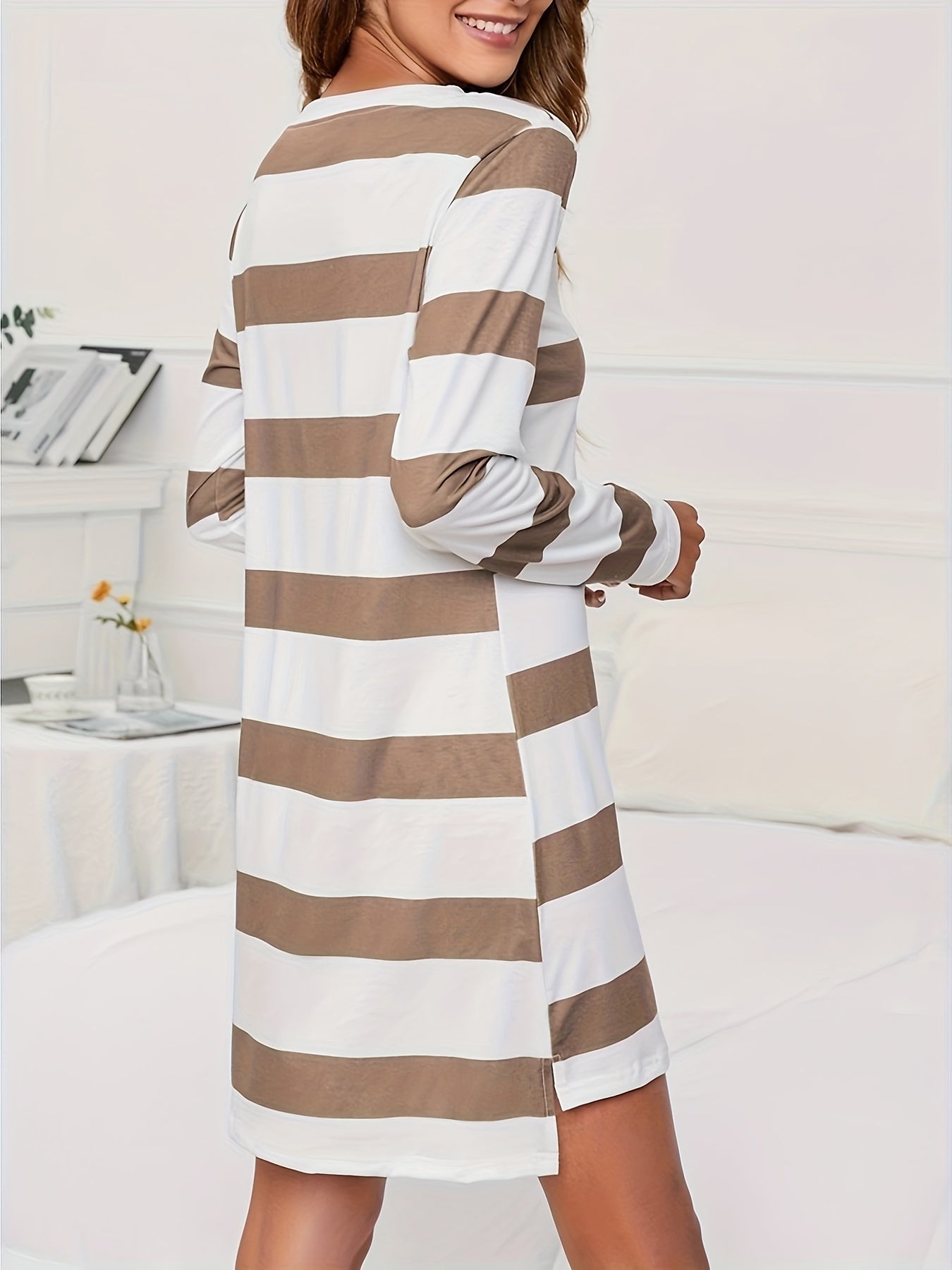 Striped Print Lounge Dress Crew Neck Long Sleeve Comfy Home Dress